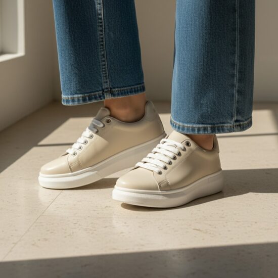 Μπεζ γυναικεία sneakers από φυσικό δέρμα, ελαφριά και άνετα /