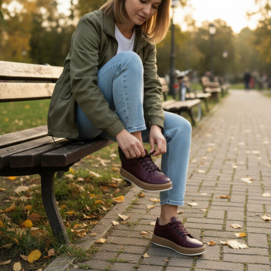 Γυναικεία μπορντό δερμάτινα ανατομικά sneakers /