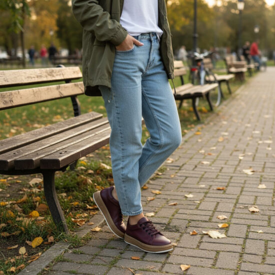 Γυναικεία μπορντό δερμάτινα ανατομικά sneakers /