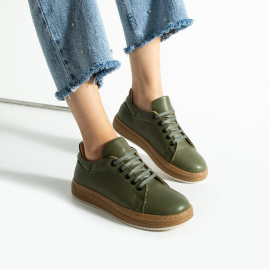 Γυναικεία χακί δερμάτινα ανατομικά sneakers