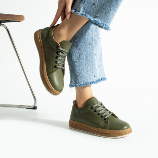 Γυναικεία χακί δερμάτινα ανατομικά sneakers /