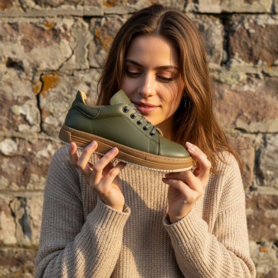 Γυναικεία χακί δερμάτινα ανατομικά sneakers /
