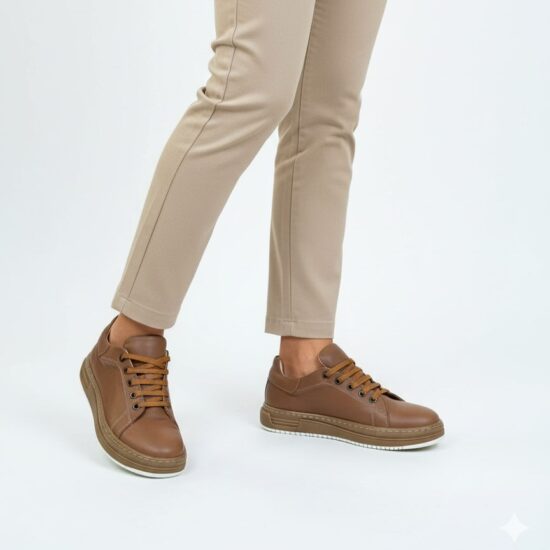 Γυναικεία καφέ δερμάτινα ανατομικά sneakers /