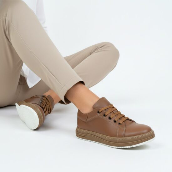 Γυναικεία καφέ δερμάτινα ανατομικά sneakers