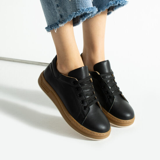 Γυναικεία μαύρα δερμάτινα ανατομικά sneakers /