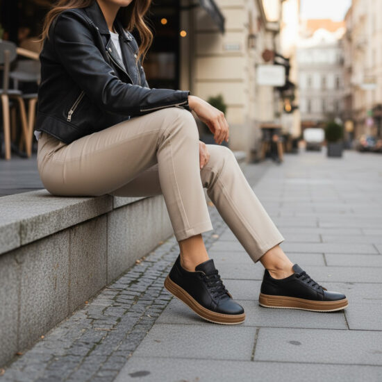 Γυναικεία μαύρα δερμάτινα ανατομικά sneakers /