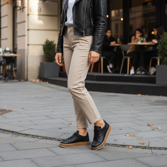 Γυναικεία μαύρα δερμάτινα ανατομικά sneakers /